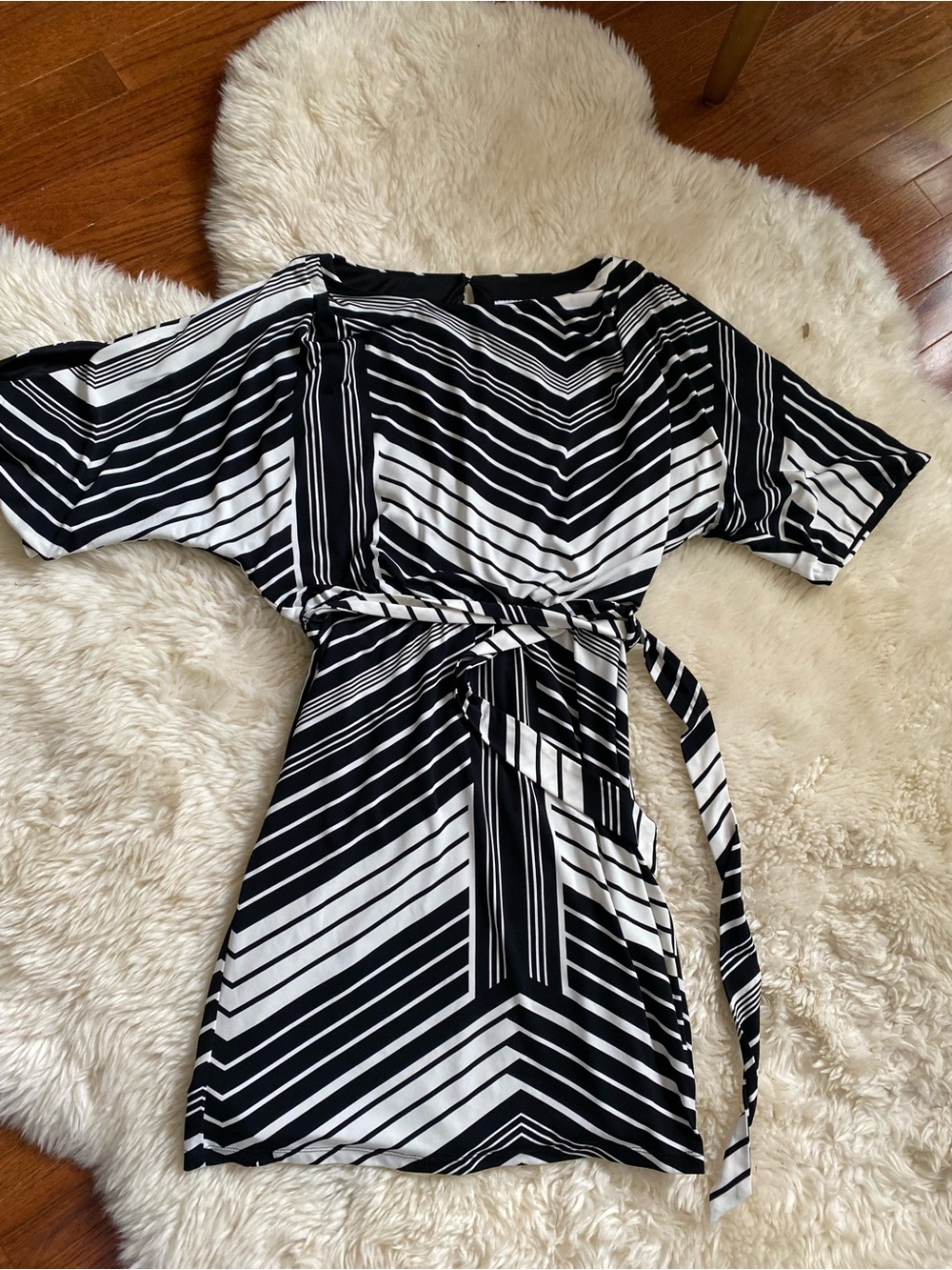 Jessica Simpson Black & White Striped Belted Mini Dress